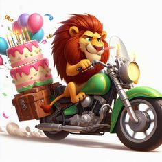 a cartoon lion riding on the back of a motorcycle with a birthday cake and balloons