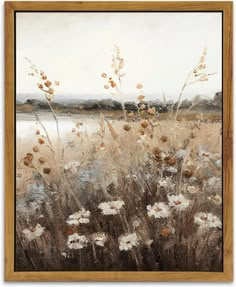 an oil painting of flowers in a field with water and sky behind it on a wooden frame