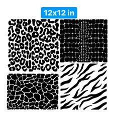 four different animal print patterns in black and white