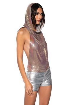 SUNNA METAL CHAIN TOP WITH A HOOD IN PURPLE MULTI Rave Tops, Chain Top, Backless Design, Silver Tops, Going Out Outfits, Hooded Tops, Online Clothing Stores, Back Strap, Thigh High