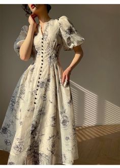 Ladies Vintage Floral A-Line Renaissance Dresses 2023 Summer New Waist Puff Sleeves Printed Elegant Midi Dress For Women French Clothing Gaun Koktail, Baju Kahwin, Makeup Tip, Gaun Fashion, Elegant Midi Dresses, Vestidos Vintage, Chiffon Maxi Dress, Looks Vintage, Fancy Dresses