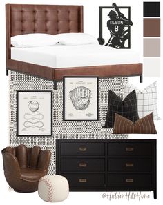 Modern Baseball Room Decor, Wallpaper Boys Room Teen, Classy Sports Bedroom, Pottery Barn Teen Boys Bedroom, Modern Baseball Bedroom, Black Bed Boys Room, Dark Teenage Bedroom, Pottery Barn Teen Boys Room, Dark Bonus Room Ideas