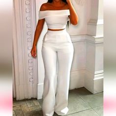 Pantsuit Size Large Wide Leg Trousers Abs Crop Fitted Top Celana Fashion, Pant Suits For Women, Wide Leg Pant Suit, Smink Inspiration, Elegante Casual, Off Shoulder Crop Top, Pantsuits For Women, Top And Pants Set, Boat Neck Tops