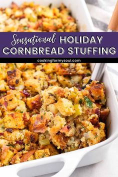 Our cornbread stuffing is perfectly moist and tender inside, with a golden brown and crusty top that will have you reaching for seconds. What sets it apart? Fresh apples for that perfect balance of crunch, sweetness, and acidity. And let's not forget about the bacon that adds a wonderful depth of flavor. What's more? It's fully make-ahead friendly, making it a stress-free addition to your holiday meals. Easy Cornbread Stuffing, Best Cornbread Stuffing Recipe, Holiday Cornbread, Turkey Roulade, Easy Cornbread, Cornbread Stuffing Recipes, Delicious Cornbread, Thanksgiving Salad, Cornbread Stuffing