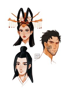 three different avatars, one with black hair and the other with long dark hair