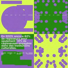 four different posters with purple and green designs on them, one has dots in the middle