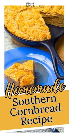 homemade southern cornbread recipe on a blue plate