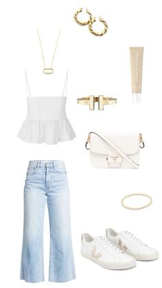 Jeans, outfit, back to school, white, gold Europe Outfits, Casual Day Outfits, Simple Trendy Outfits, Cute Everyday Outfits, Really Cute Outfits, Summer Fashion Outfits, Looks Style, Casual Style Outfits, Lookbook Outfits