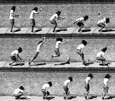 a series of photos showing people doing different poses on the sidewalk, in black and white