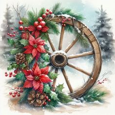 a watercolor painting of a wagon wheel with poinsettis and pine cones