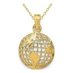 A cute globe charm pendant crafted from polished 14 karat yellow gold and 18 inch matching chain. This world globe charm is a 4/5 inches in length and 1/2 inch in width and weights 1.25 grams. 14K Yellow Gold Polished Globe Pendant Necklace Charm with Chain Size: one size.  Gender: female.  Age Group: adult. Yellow Gold Round Charm Necklace, Tarnish Resistant, Yellow Gold Hallmarked Round Pendant Charms, Luxury Gold-tone Round Pendant Charm Necklace, Yellow Gold Compass Design Charm Necklace, Yellow Gold Hallmarked Charm Necklace, Fine Jewelry, Globe Pendant, Gold Polish, Charm Pendant, Globe