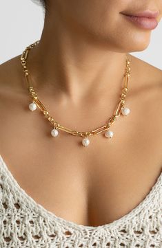 Freshwater pearls add an air of elegance to a dainty chain necklace that adds instant charm to any ensemble. 15.5" length; 3" extender Pearl size: 7–8mm 14k-gold plate/freshwater pearl Imported Gold Plated Pearl Necklace, Dainty Chain Necklace, Pearl Charm Necklace, Pearl Charms, Jewelry Lookbook, Pearl Size, Pearl Drop, Freshwater Pearls, Charm Necklace