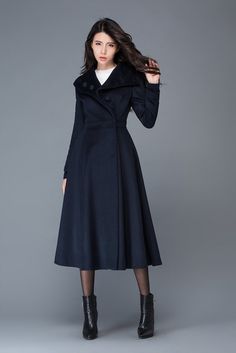 navy blue coat winter coat swing coat long coat warm by YL1dress Elegant Navy Long Pea Coat, Elegant Navy Long Sleeve Pea Coat, Elegant Long Sleeve Winter Peacoat, Elegant Fitted Peacoat For Fall, Elegant Navy Long Peacoat, Elegant Fitted Fall Peacoat, Elegant Navy Wool Coat For Fall, Elegant Black Winter Peacoat, Elegant Long Navy Pea Coat