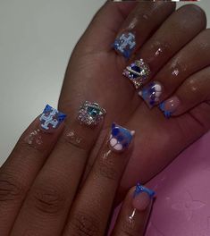 Cute Short Nail Sets Blue, Duck Nail Designs Y2k Short, Junk Nails Bling Duck Short, Short Junk Nail Designs Duck, Light Blue Nails Short, Blue Duck Nails, Short Junk Nails Blue, Blue Nails Short, Henna Inspo