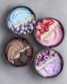 four small bowls filled with different types of desserts