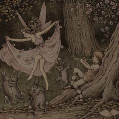 the fairy and her friends are playing in the woods