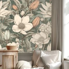 a living room scene with focus on the wallpaper and chair in front of it