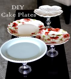 three glass dishes sitting on top of a table next to each other with the words diy cake plates