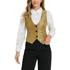 This vintage waistcoat is made of textured jacquard fabric to show your feminine and elegant at the same time. This vest features lightweight and comfortable fabric with 3 button placket, pointed hem, seam pockets and adjustable strap at the back. It can also be worn as open front waistcoat for a stylish, professional and modern chic look. Paring with a blazer outerwear for an urban edge, or a vintage poet type shirt for a Renaissance steampunk style. Designed with sleeveless and two side pocket Elegant Party Vest With Buttons, Gold Waistcoat, Gold Vest, Vintage Waistcoat, Sleeveless Suit, Vintage Suits, Steampunk Style, Suit Designs, Suit Vest