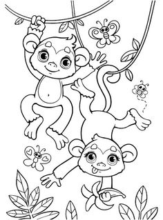 two monkeys hanging from a tree branch with flowers and leaves around them, coloring page