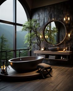 a large bath tub sitting on top of a wooden floor next to a round window