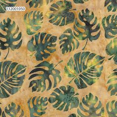 a green and yellow tropical leaf pattern on a brown background with watercolor paint effect