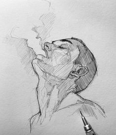 a pencil drawing of a man with his mouth open