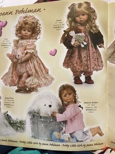 an open children's book with pictures of dolls