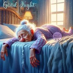 an old woman laying on top of a bed next to a night stand with the words good night above her