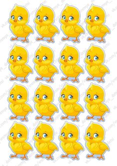 a bunch of little yellow chicks stickers on a white background, with blue eyes