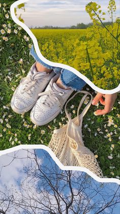 a person's shoes and hand holding a bag in front of a field with flowers