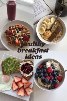 the breakfast is prepared and ready to be eaten with fresh fruit, waffles, bananas, strawberries