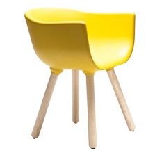 a yellow plastic chair with wooden legs