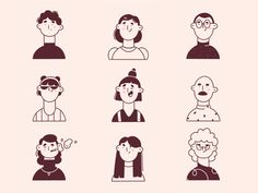 six people with different facial expressions in black and white on a light pink background illustration