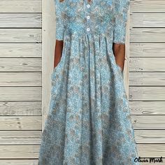 Olivia Mark - Ditsy Floral Print Dress, Casual Notched Neck Button Front Dress, Women's Clothing Casual Floral Dress, Floral Dress Casual, Floral Dresses Short, Cotton Blends Dress, V Neck Midi Dress, Pleated Midi Dress, Loose Dress, Types Of Dresses, Pocket Dress