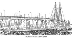 an old drawing of a bridge in the middle of a body of water, vintage line drawing or engraving