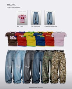 several different types of clothing are shown in this graphic style, including t - shirts and jeans