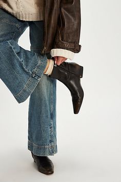 You’re effortlessly cool in these easy slip-on ankle boots, featuring a chic snip toe and low, slanted block heel, all in a smooth vegan leather for a modern take on a timeless style. **Features:** Ankle length, vegan leather uppers, snip toe, inner ankle zipper, low block heel **Why We | Easy Does It Vegan Ankle Boots by FP Collection at Free People in Brown, Size: US 8.5 Western Ankle Boots Outfit, Short Heeled Boots, Flat Leather Ankle Boots, Casual Leather Boots, Ankle Cowboy Boots, Fall Winter Shoes, Boots Outfit Ankle, Easy Does It, Velvet Ankle Boots