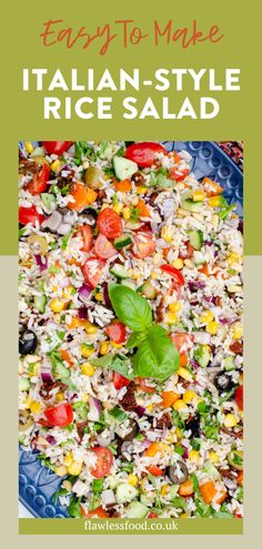 the cover of easy to make italian - style rice salad is shown in blue and green