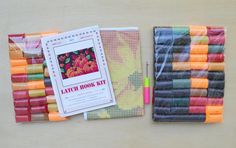 an assortment of crafting supplies laid out on top of a wooden table next to each other