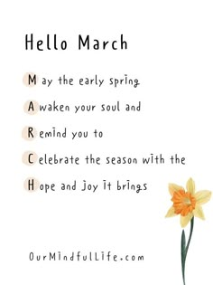 an orange flower sitting on top of a white sheet with the words hello march written below it