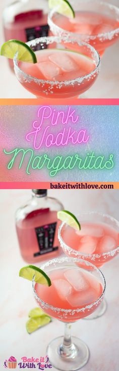 two glasses filled with pink margaritas sitting on top of a table