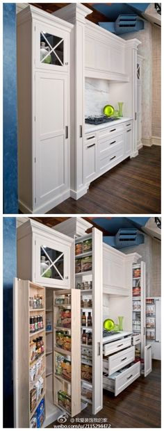 two pictures of the inside of a kitchen with white cupboards and drawers, one showing an open door