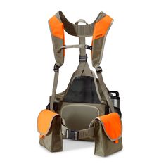 an orange and gray life jacket with two vests attached to the chest, on a white background