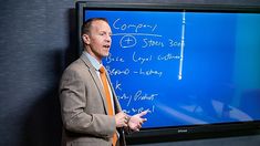 a man standing in front of a blackboard with writing on it and holding a cane