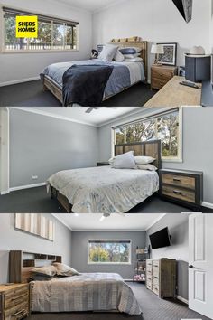 three different pictures of a bedroom with two beds and one tv in the same room