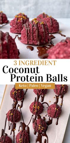 three ingredient coconut protein balls with chocolate drizzled on top and the words, 3 ingredient coconut protein balls keto / pale vegan