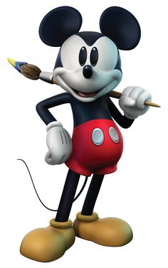 a mickey mouse holding a paintbrush and pointing to it's left side with both hands