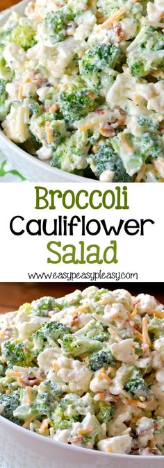 broccoli cauliflower salad in a white bowl with the title above it