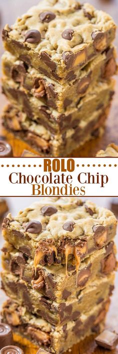 chocolate chip blondies are stacked on top of each other with the title above it